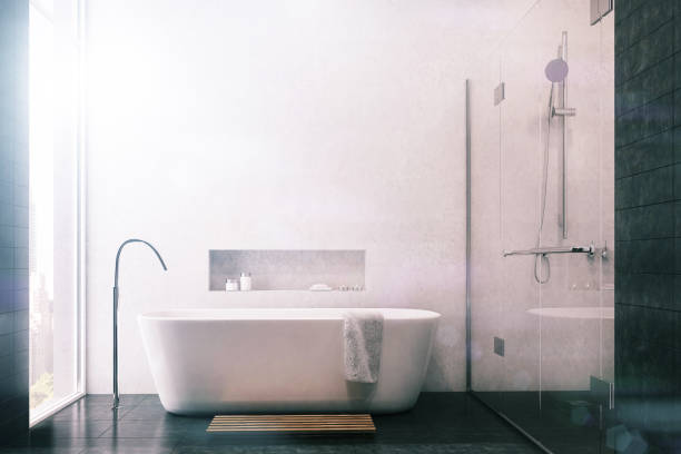 istock White bathroom, black tiles, shower toned 810343446