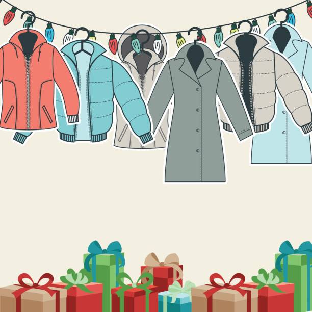 Online Christmas Shopping Concept Online Christmas Shopping Concept. Holiday elements with people using the internet to do their gift purchases. winter coat stock illustrations