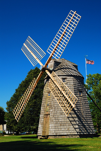 The Water Mill Windmill is a landmark in a public Square in East Hampton, Long Island, NY