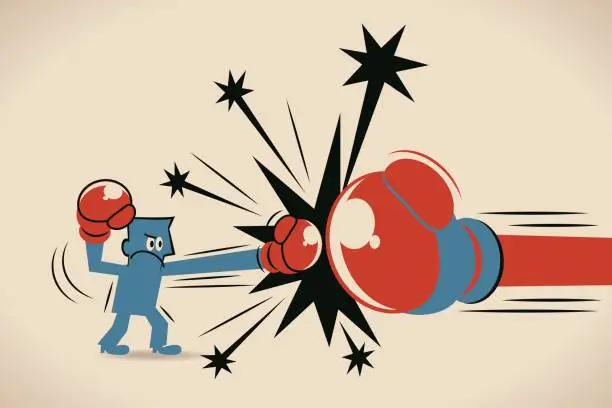 Vector illustration of Businessman (boxer, man) fighting against big boxing glove. punching (hitting). David and Goliath Concept