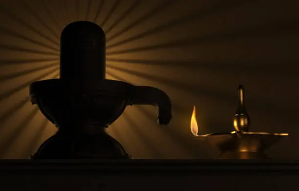 Indian Traditional Oil Lamp with siva lingam - 3D Rendered Image