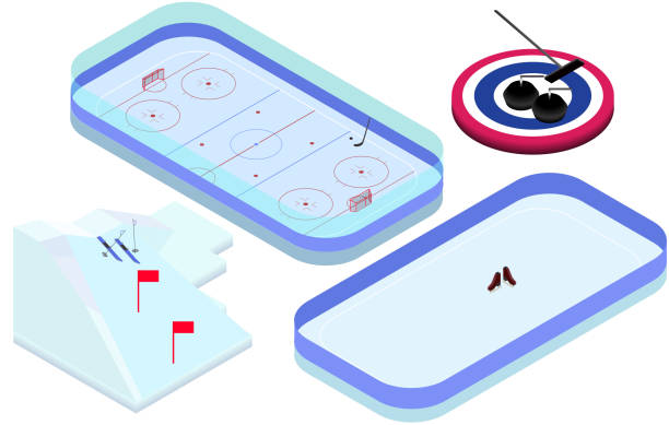 ilustrações de stock, clip art, desenhos animados e ícones de isometric winter sports elements  hockey, skating, ski, curling - field hockey