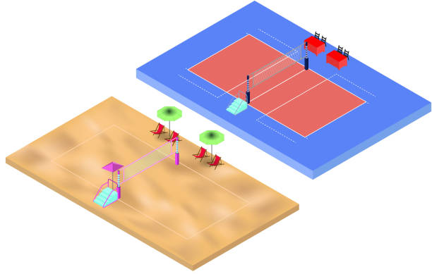 ilustrações, clipart, desenhos animados e ícones de parques de voleibol voleibol e praia isométricas com lugar net e juízes - tennis court indoors net