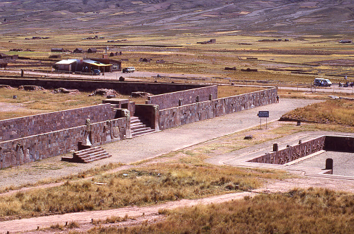 Overview of entrance to plaza of the ruins of Tihuanaco Bolivia South America