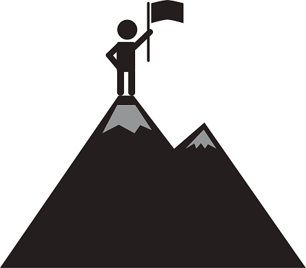 a man on the mountain top icon on white background. achievement of man on mountain top icon.