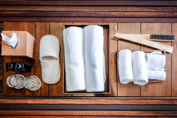 istock Bathroom set on wood background 810450650