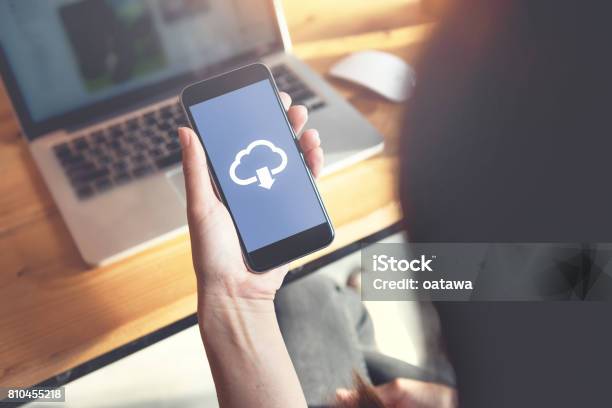 Cloud Download On Mobile Smartphone Stock Photo - Download Image Now - Storage Compartment, Smart Phone, Mobile Phone