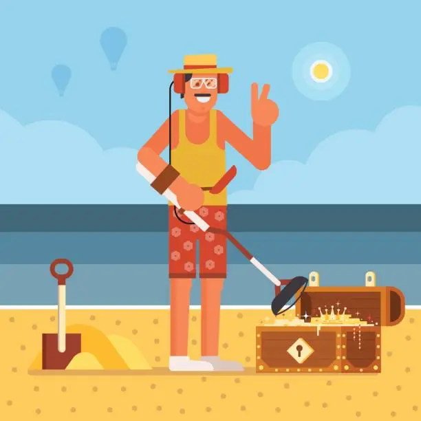 Vector illustration of Beach Treasure Hunter with Metal Detector