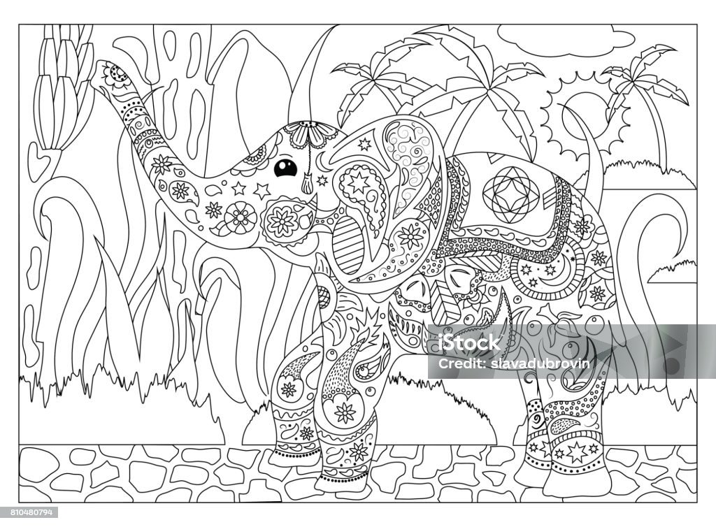 Adult coloring page with elephant Coloring page elephant in jungle, adult coloring page with elephant, tropical coloring page for adults, mandala style coloring page for adults, hand-drawn coloring page for adults, coloring page image Coloring stock vector