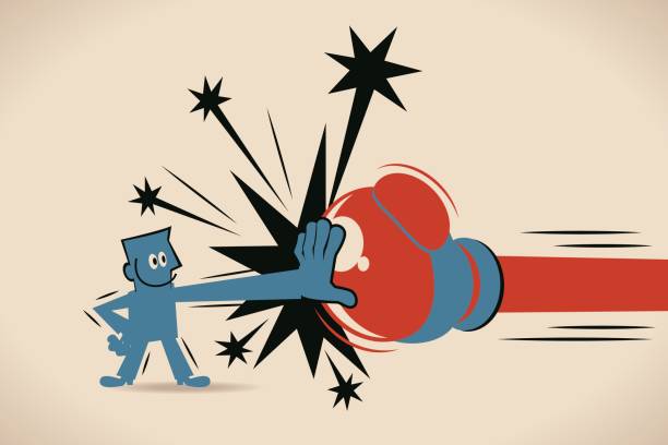 illustrazioni stock, clip art, cartoni animati e icone di tendenza di uomo d'affari (uomo) block jabs & straight punches (grande guanto da boxe) - conflict boxing fighting business