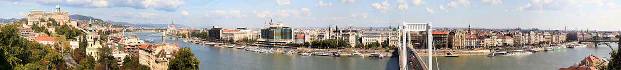 Budapest Hungary Sept 27 2016: Panoramic view from Gellert Hill  with the Elisabeth bridge of Budapest. Elisabeth Bridge is the third newest bridge of Budapest, and connecting Buda and Pest across the River Danube.  Many buildings, artworks are listed by UNESCO as a World Heritage site, and was first completed in 1265.