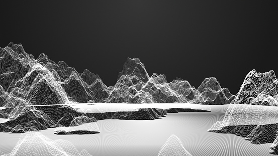 Rendering white abstract digital wave form on dark background. Wave surface of particles. 3d illustration background