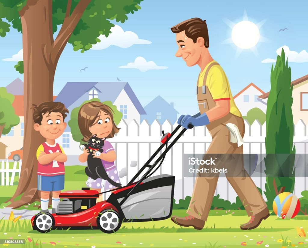 Children Watching Father Mowing The Lawn Vector illustration of two children, a boy and a girl, watching their father mowing the lawn in the garden yard on a sunny day. The daughter is holding her cat, fearing for its safety. Safety stock vector