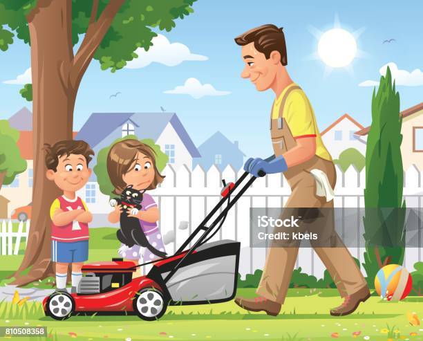 Children Watching Father Mowing The Lawn Stock Illustration - Download Image Now - Safety, Grass, Lawn Mower