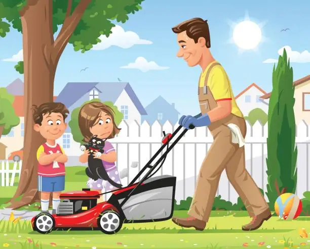 Vector illustration of Children Watching Father Mowing The Lawn