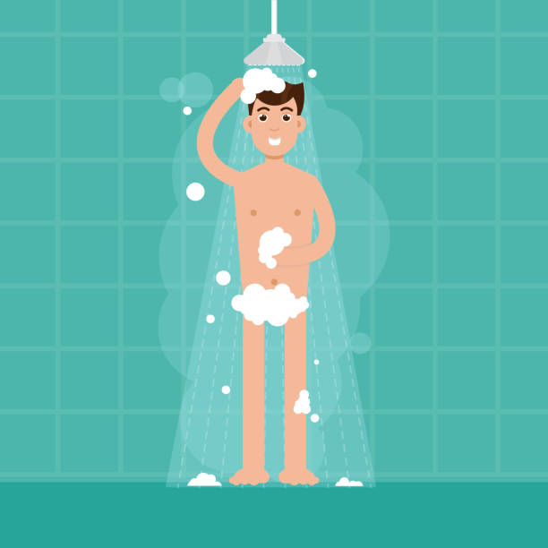 ilustrações, clipart, desenhos animados e ícones de chuveiro de homem no banheiro. ilustração vetorial de personagem em estilo simples. - shower human face men wet