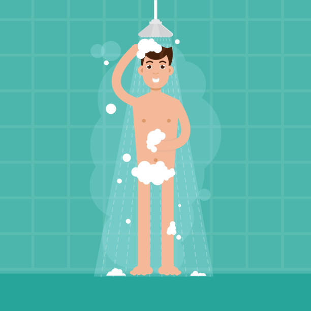 Man shower in bathroom. Vector character illustration in flat style. vector art illustration