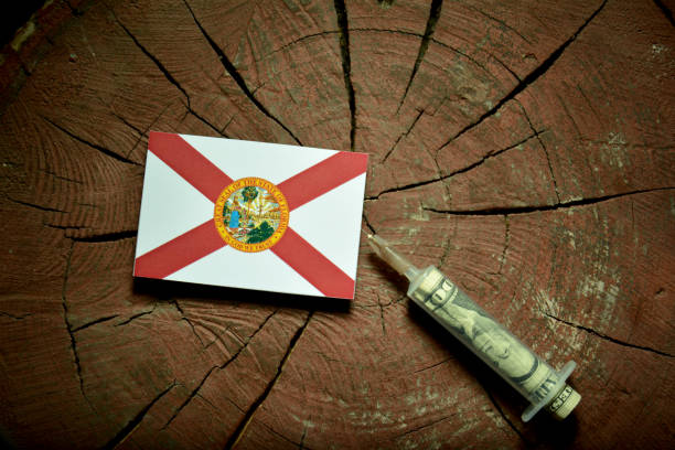 Florida flag on a stump with syringe injecting money in flag Florida flag on a stump with syringe injecting money in flag support usa florida politics stock pictures, royalty-free photos & images