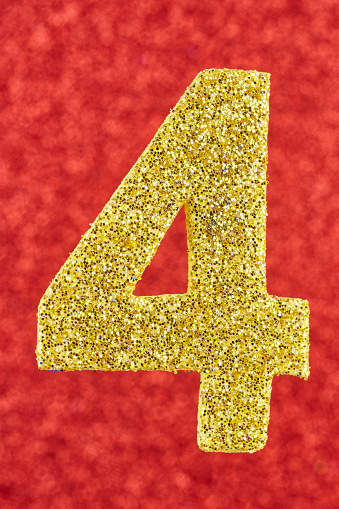 Number four yellow color over a red background. Anniversary. Vertical