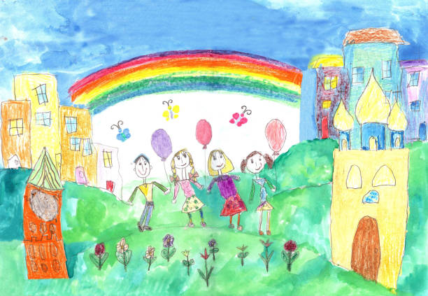ilustraciones, imágenes clip art, dibujos animados e iconos de stock de dibujo de niño feliz familia con dos hijos para caminar - paintings child house childhood