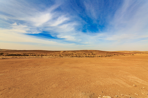 Wide panorama of Negev desert  with clouds at strong wind