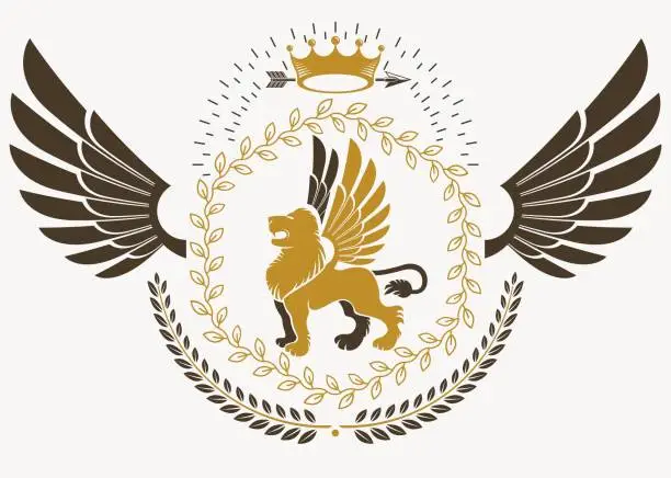 Vector illustration of Classy emblem made with bird wings decoration, wild lion and monarch crown symbol. Vector heraldic Coat of Arms.
