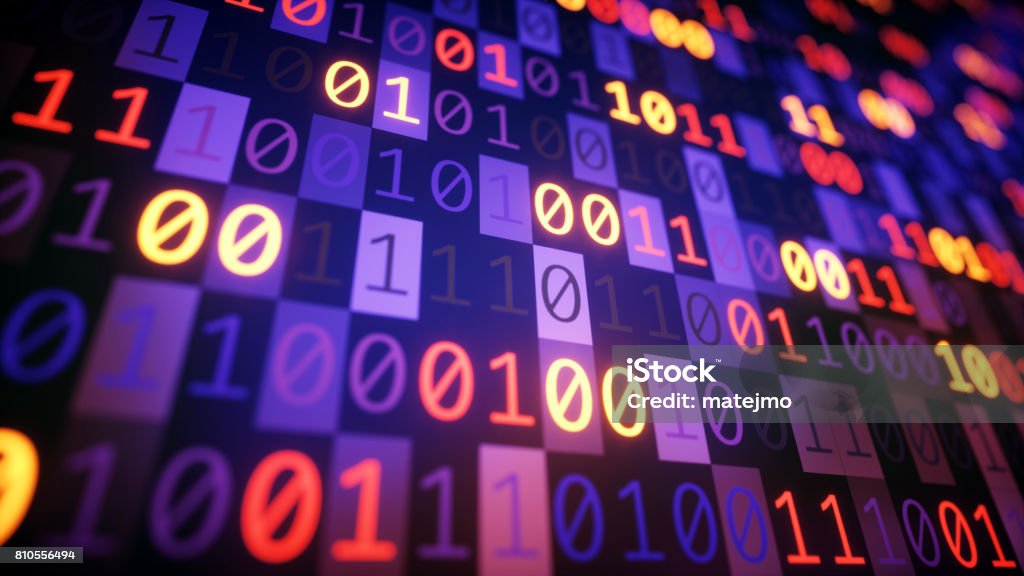 Binary Numbers Multicolored A side view on a dataset of multicolored glowing binary numbers Binary Code Stock Photo