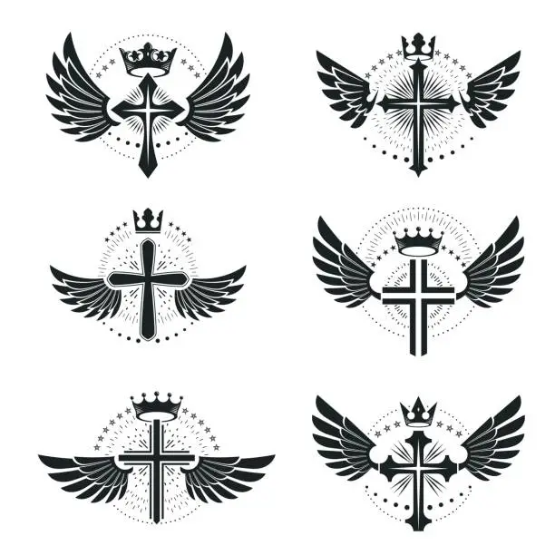 Vector illustration of Crosses of Christianity emblems set. Heraldic vector design elements collection. Retro style label, heraldry icon.