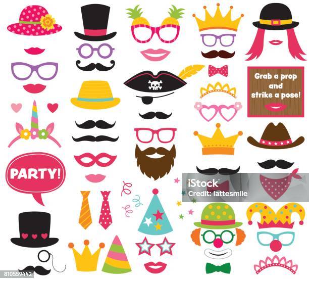 Fun Party Hats Vector Photo Booth Props Stock Illustration - Download Image Now - Photo Booth, Prop, Humor