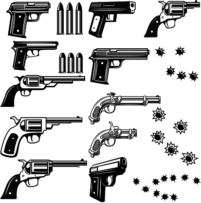 Handguns illustration isolated on white background. Bullet holes. Vector illustrations