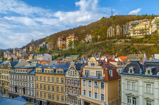 View of houses on the hill in Karlovy Vary, Czech republic