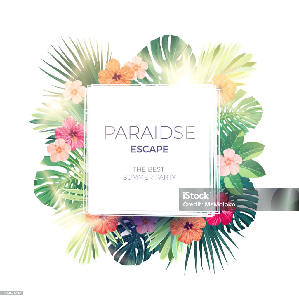 Green summer tropical background with exotic palm leaves and hibiscus flowers. Vector floral background Green summer tropical background with exotic palm leaves and hibiscus flowers. Floral background, vector illustration. Hawaiian Culture stock vector