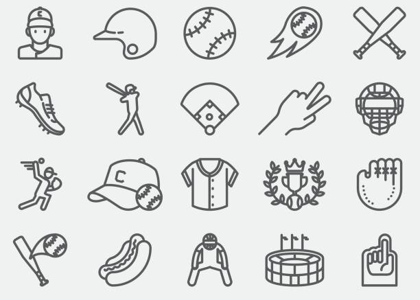 ilustraciones, imágenes clip art, dibujos animados e iconos de stock de iconos de línea de béisbol - baseball