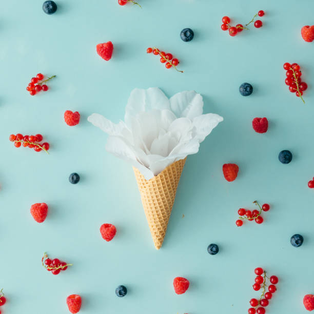 istock White flower in ice cream cone with forest fruit pattern. Flat lay. Summer concept. 810575726