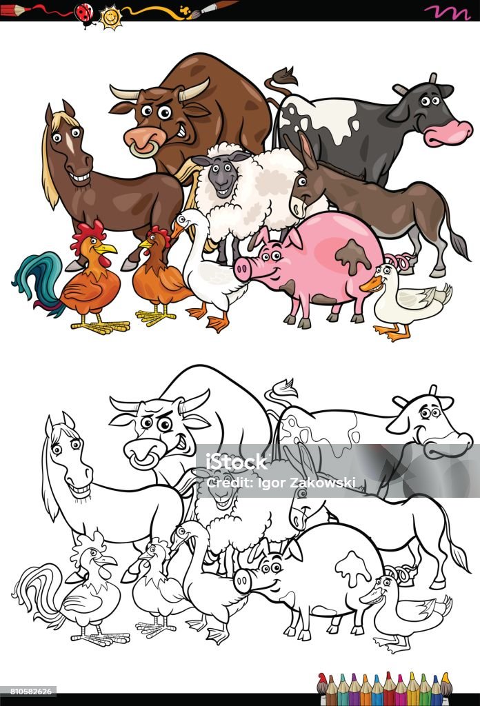 farm animal characters coloring book Cartoon Illustration of Farm Animal Characters Group Coloring Book Activity Black And White stock vector