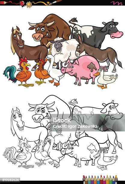 Farm Animal Characters Coloring Book Stock Illustration - Download Image Now - Black And White, Coloring, Coloring Book Page - Illlustration Technique