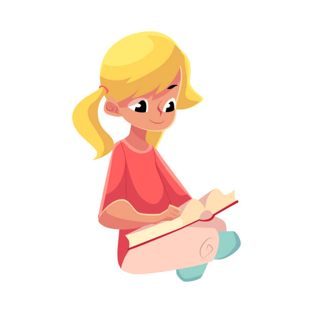 ilustrações de stock, clip art, desenhos animados e ícones de little blond girl with ponytails reading book sitting crossed legs - caucasian white background little girls isolated on white