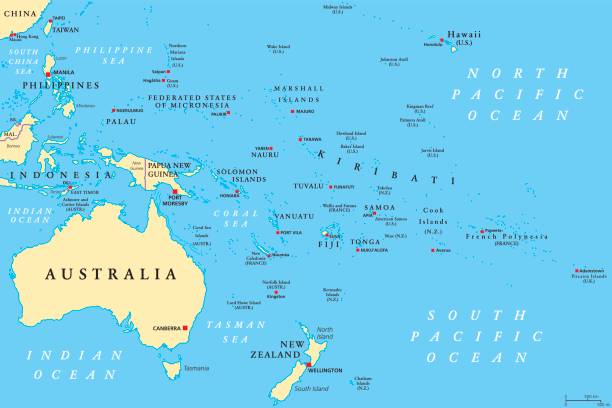 Oceania political map Oceania political map. Region, centered on central Pacific Ocean islands. With Melanesia, Micronesia and Polynesia, including Australasia and Malay Archipelago. Illustration. English labeling. Vector. pacific ocean stock illustrations