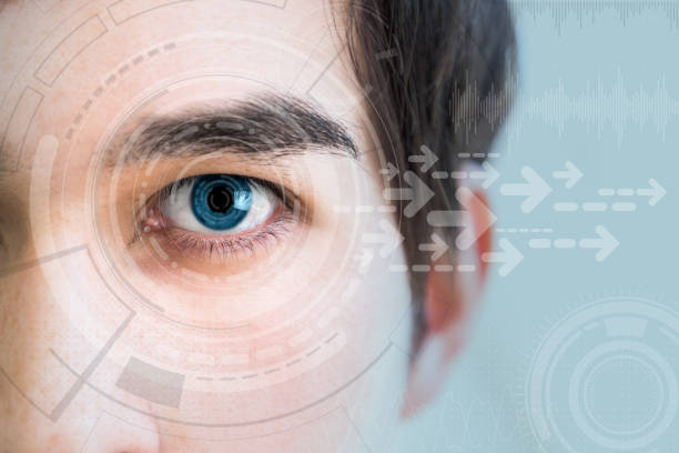 young man's eye and technology concept, smart contact lens display, Iris verification, wearable computing, abstract image visual