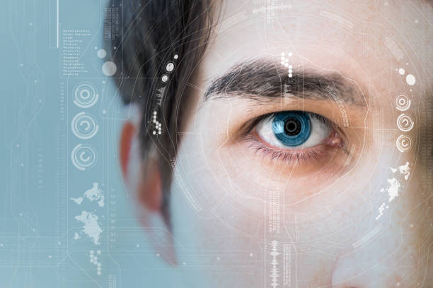 man's eye and technological concept, smart contact lens man's eye and technological concept, smart contact lens smart glasses eyewear stock pictures, royalty-free photos & images