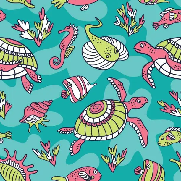 Vector illustration of Vector seamless pattern with  ocean turtles, fish and inhabitants of the underwater world. Blue ethnic hand drawn fabric design.