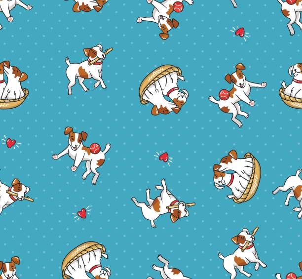 istock Cartoon Jack Russell Terriers. Puppies playing  with  balls. Vector seamless pattern. Funny design with dogs for fabric, wallpaper or wrap paper. 810610780