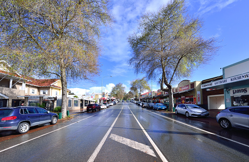 Margaret River, Western Australia, Australia - September 27, 2016: The Busell Highway passes through the center of the Margaret River town, This road is the most important road in the town of Margaret River town. Western Australia, Australia.