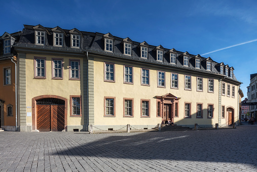 Weimar, Germany - June 13, 2017:  Famous Goethe House at the Frauenplatz square in Weimar, Germany, Johann Wolfgang Goethe´s home from 1782 to 1832.
