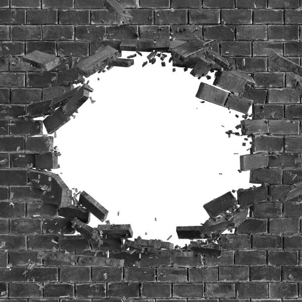istock 3d render, 3d illustration, explosion, cracked brick wall, bullet hole, destruction, abstract background 810656758