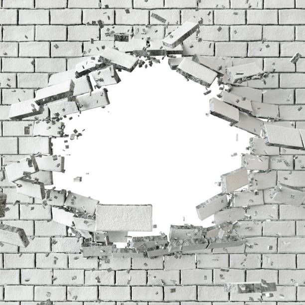 istock 3d render, 3d illustration, explosion, cracked brick wall, bullet hole, destruction, abstract background 810657552