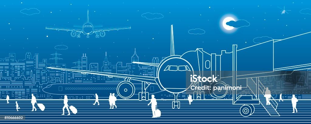 Airport scene. The plane is on the runway. Aviation transportation infrastructure. Airplane fly, people get on the plane. Night city on background, vector design art Abstract stock vector