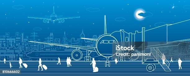 Airport Scene The Plane Is On The Runway Aviation Transportation Infrastructure Airplane Fly People Get On The Plane Night City On Background Vector Design Art Stock Illustration - Download Image Now