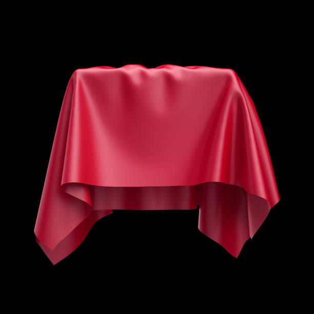 istock 3d render, digital illustration, abstract table cloth, flying, falling, soaring fabric, unveil drapery, red silky curtain, corner, textile cover, isolated on black background 810667722