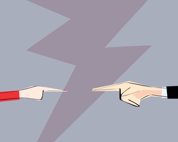 Male and female hands with pointing finger directed at each other vector art illustration